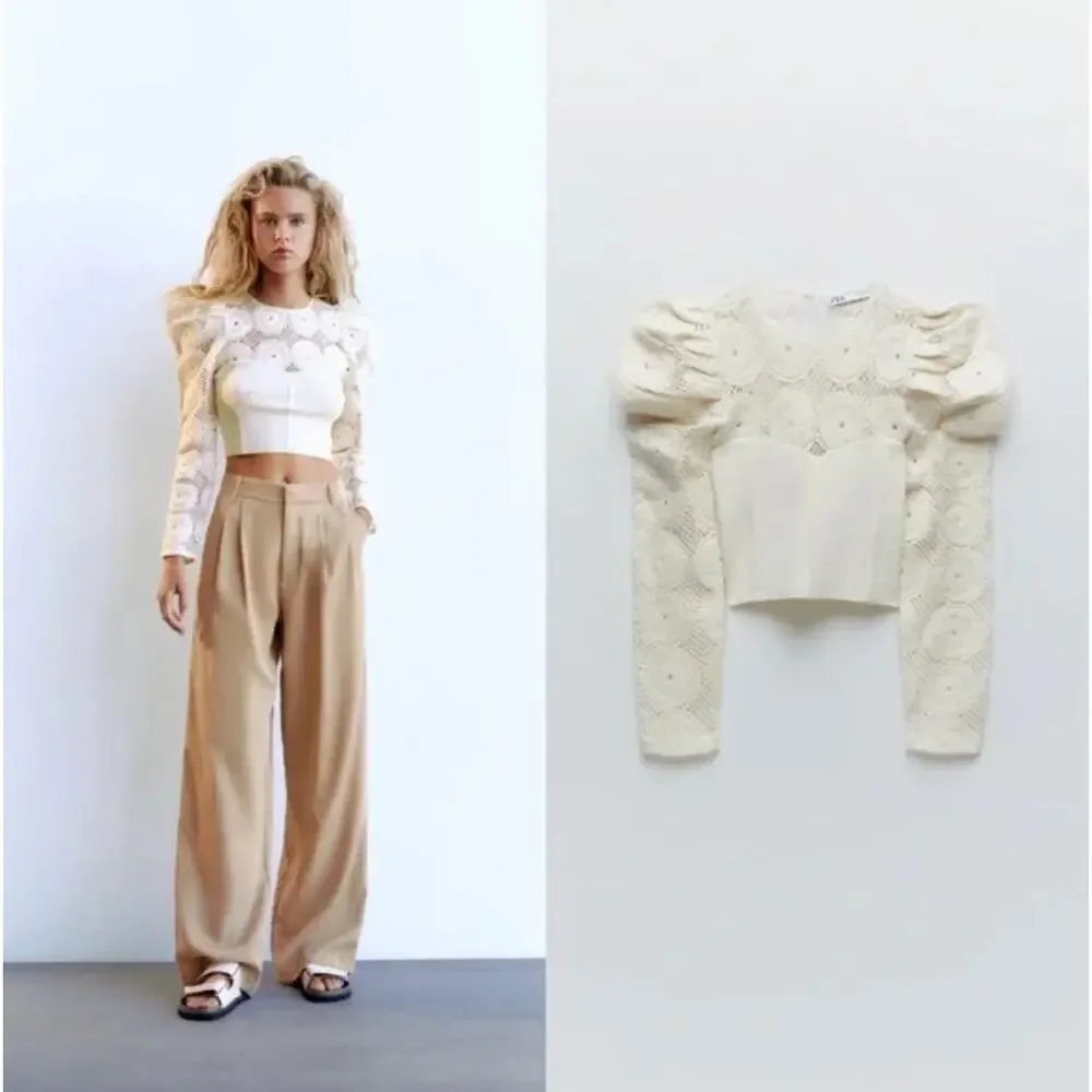 ZARA Combination Crochet Knit Corset Puff Shoulder Top Ivory Cream {F53}